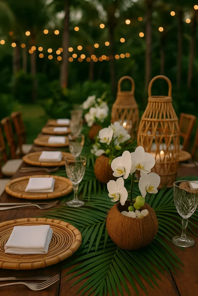 Outdoor dining table set with white orchids in coconut shell planters, surrounded by woven placemats, glasses, and wicker lanterns under string lights.