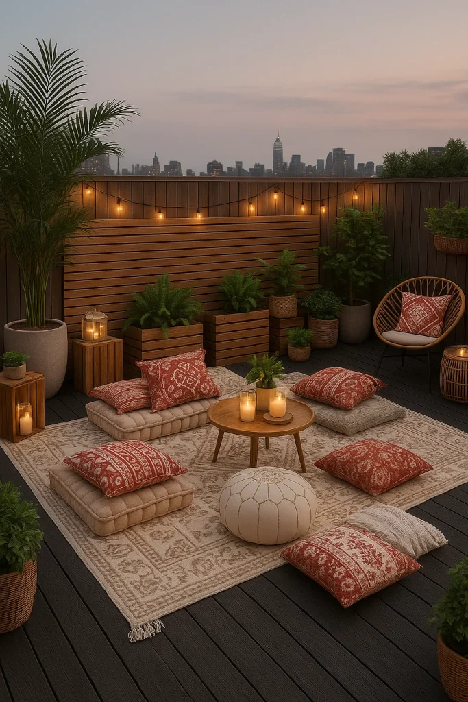 A cozy rooftop patio at dusk with string lights, potted plants, and floor cushions around a low table with candles, overlooking a city skyline.