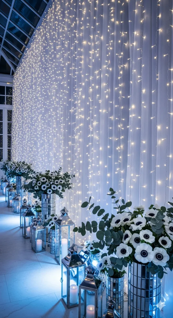 A wedding or event hall decorated with white draping, string lights, floral arrangements featuring white anemones and eucalyptus, and silver lanterns with candles.