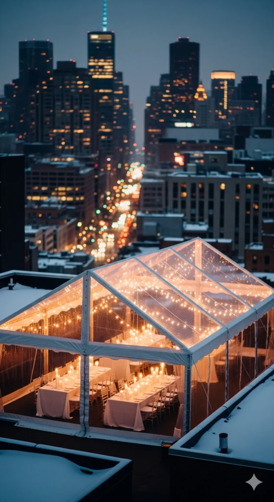 A clear tent on a snowy rooftop, illuminated with string lights, set up for an event with tables and chairs, overlooking a city at night.