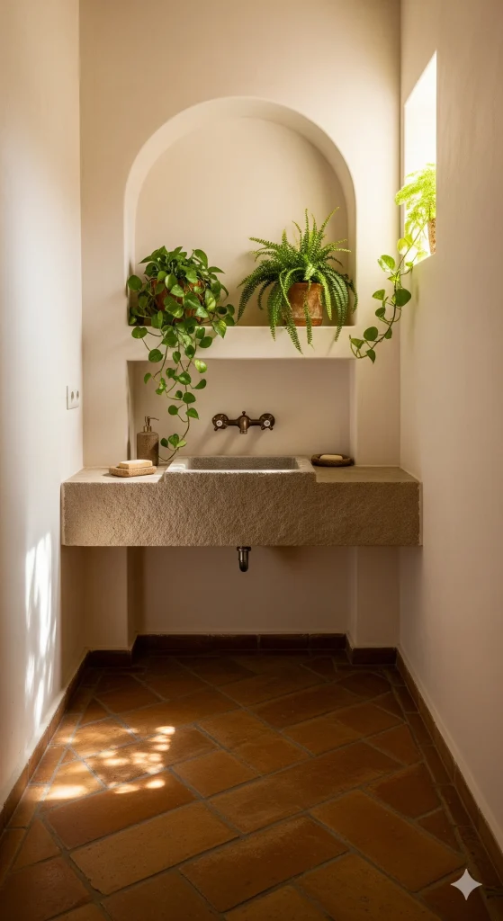 A bathroom vanity with a stone sink, an arched niche holding potted plants, and natural light from a window.