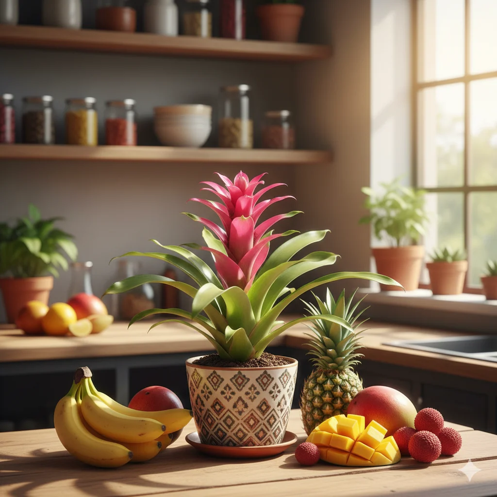 A vibrant pink bromeliad in a ceramic pot, styled on a kitchen counter with tropical fruit