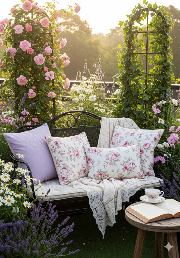 A garden scene with a metal bench adorned with floral and lavender pillows, surrounded by blooming pink roses and white daisies under soft sunlight.