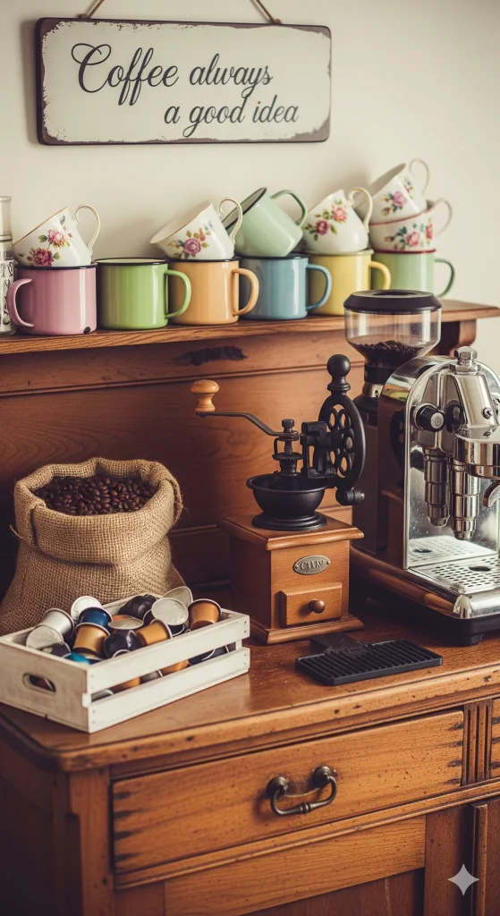 Home Coffee Station Ideas
Vintage-Inspired Coffee Bar
Coffee station with a vintage grinder, espresso machine, burlap sack of beans, colorful mugs, and a sign reading "Coffee always a good idea".
