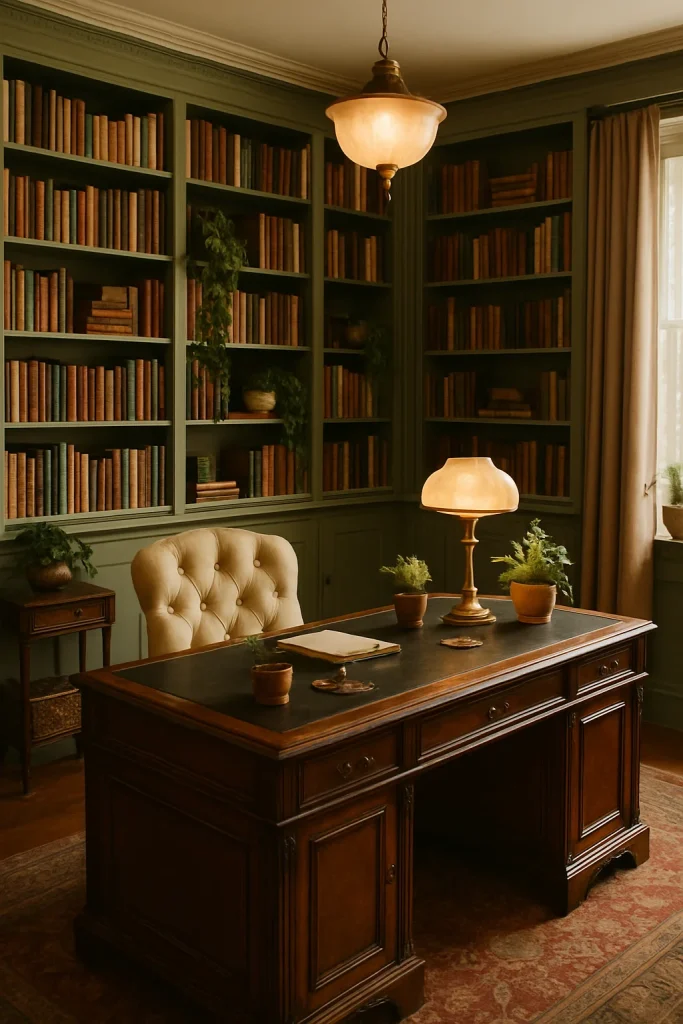 A cozy dark Academia study or library room with green bookshelves, a wooden desk, a lamp, and a white leather armchair.