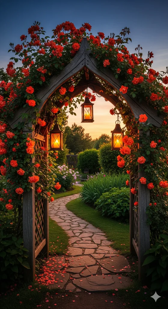 Rose-covered archway with glowing lanterns leading to a garden path at sunset.