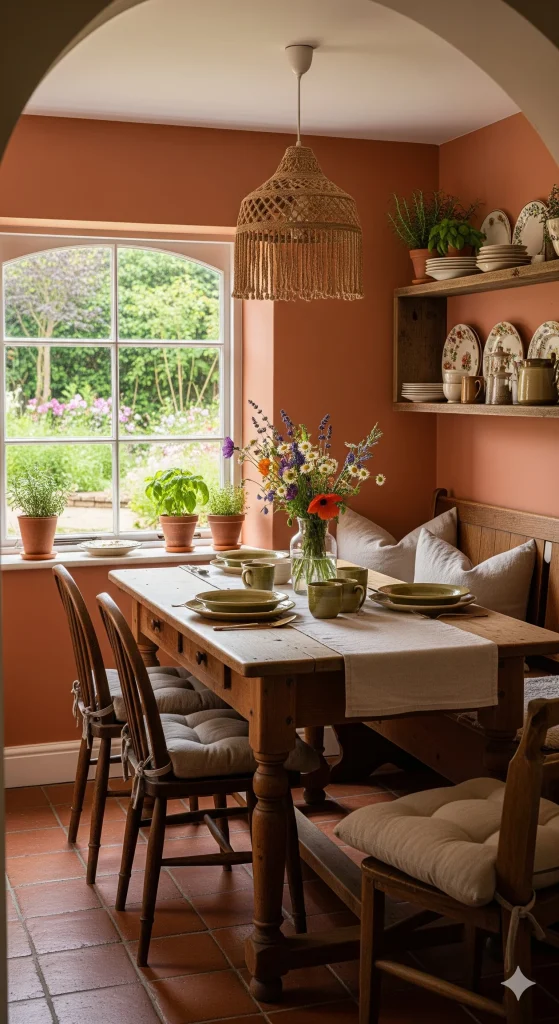 A cozy Cottage Color Palette dining room with terracotta-colored walls, a wooden table set with dishes, chairs with cushions, potted plants on the windowsill, and a large window overlooking a garden.