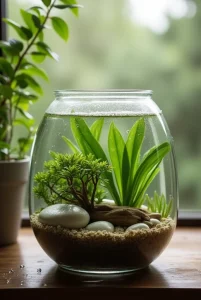 Gardens Under Glass A lush, green terrarium in a clear glass container, featuring various plants, rocks, and driftwood.