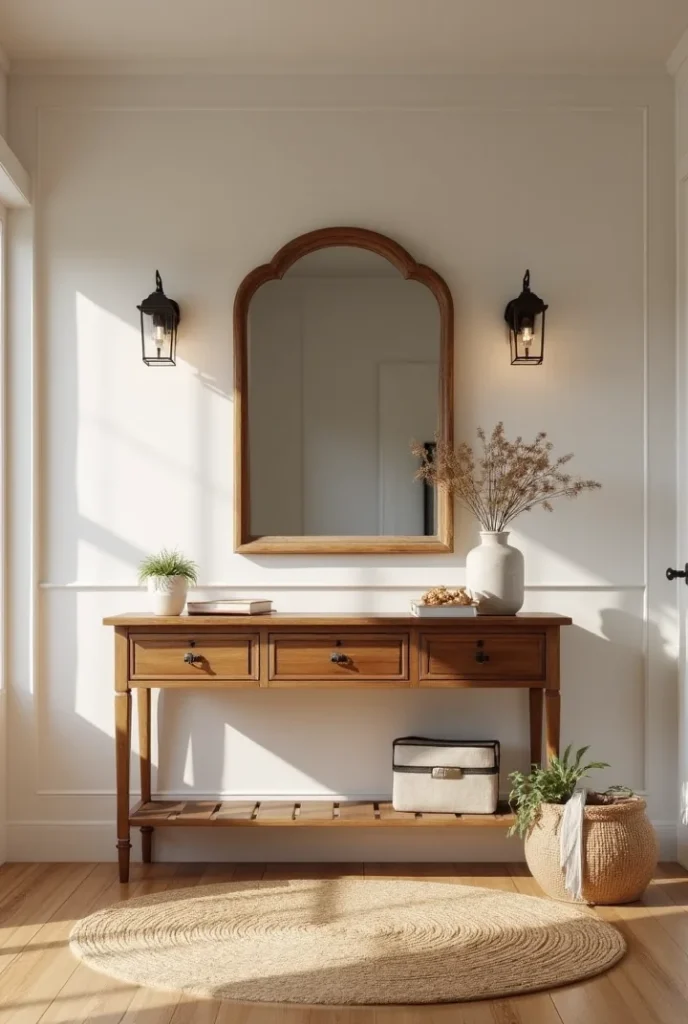 A wooden console table with drawers, decorated with a mirror, sconces, and plants in an entryway. 