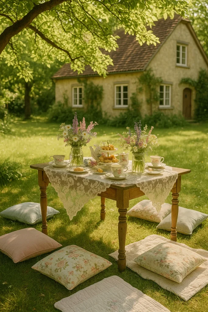 A charming outdoor tea party setup with a lace-covered table, floral arrangements, teacups, and pastries, set in a sunny garden with a rustic house in the background.