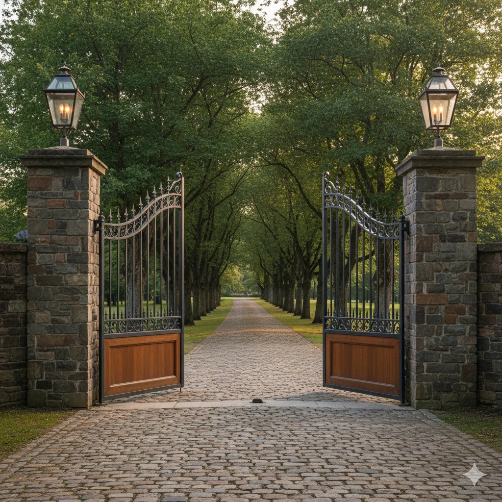 An open ornate gate with stone pillars and lanterns, leading to a long, tree-lined cobblestone driveway.