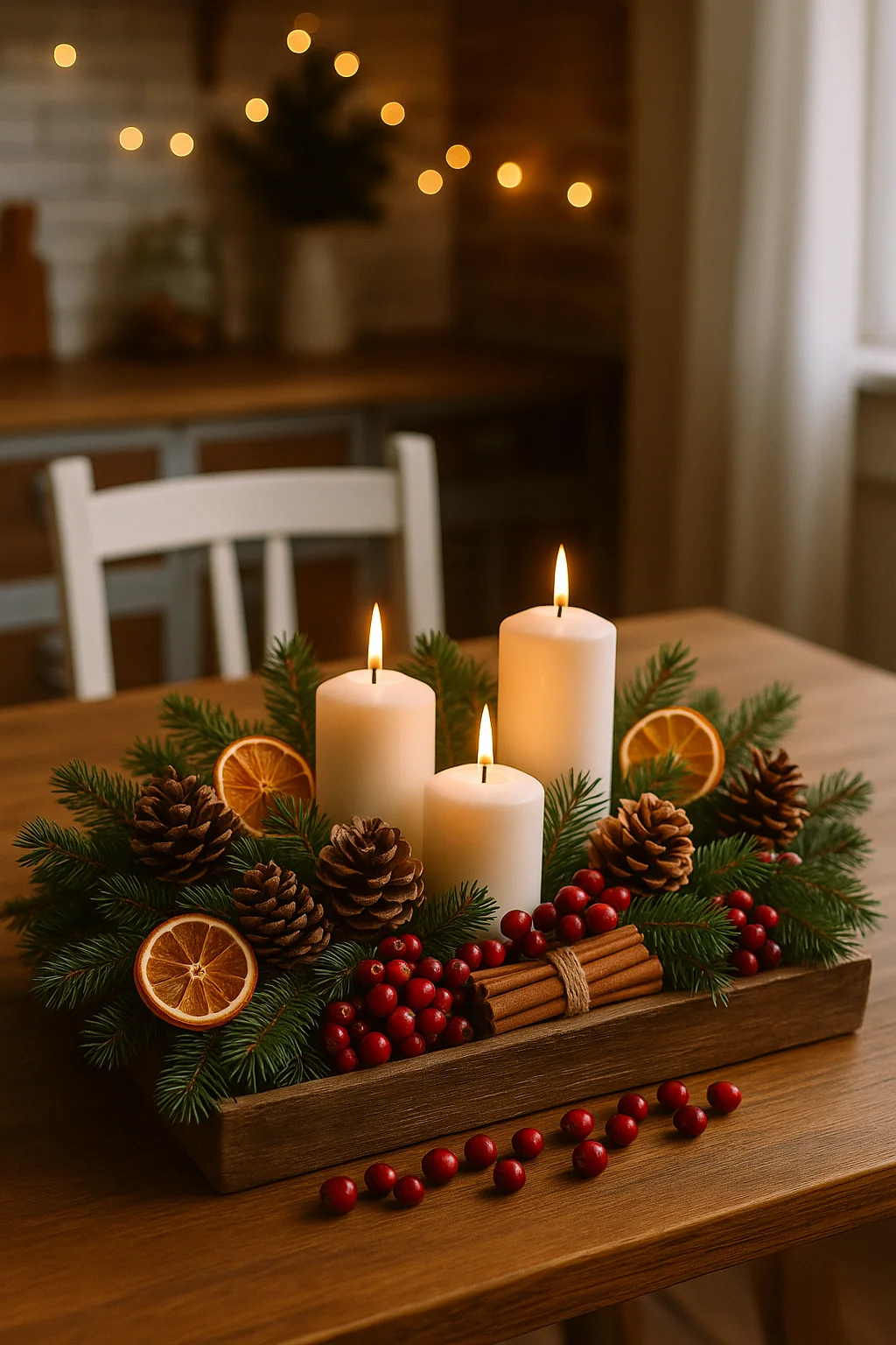 A festive centerpiece featuring three lit candles, pinecones, evergreen branches, dried orange slices, and red berries in a wooden tray.