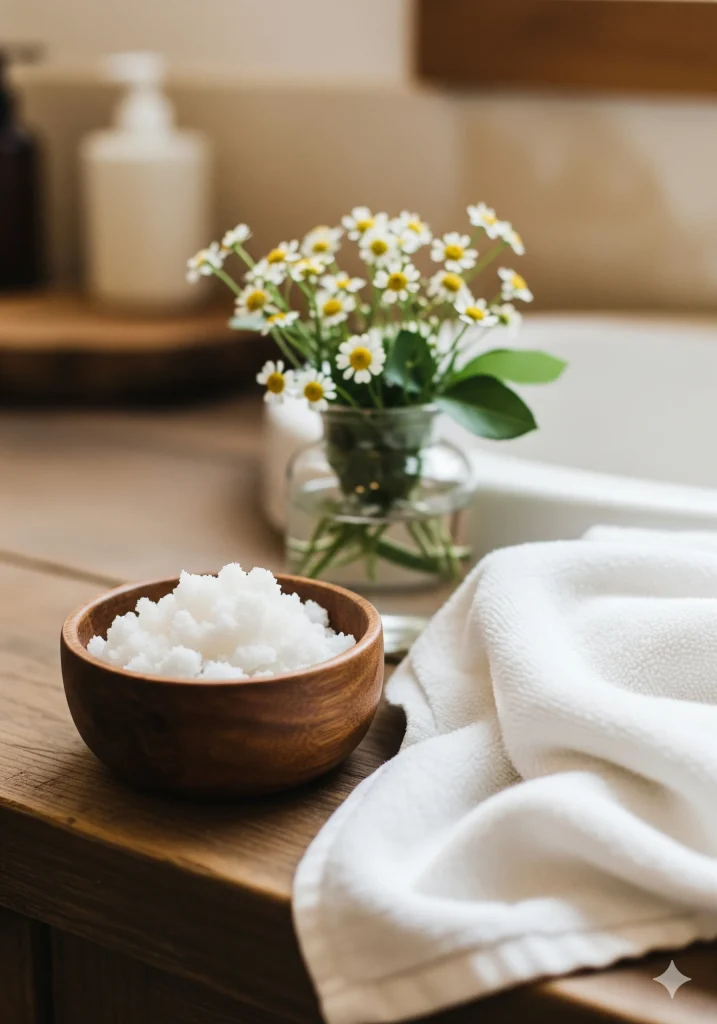 A wooden bowl of bath salts or scrub next to a white towel and a vase of daisies on a wooden surface.
