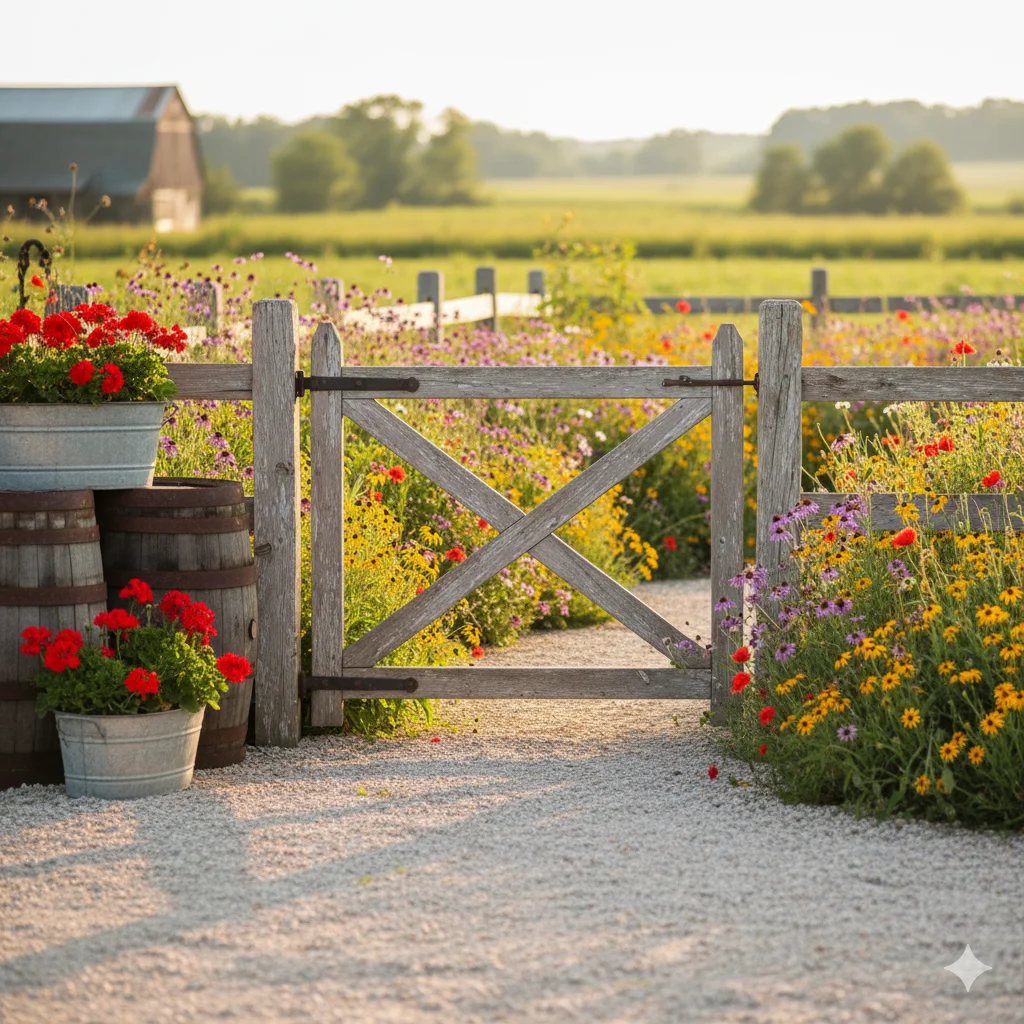 A wooden gate in a gravel path leading to a field of wildflowers and a barn in the distance.