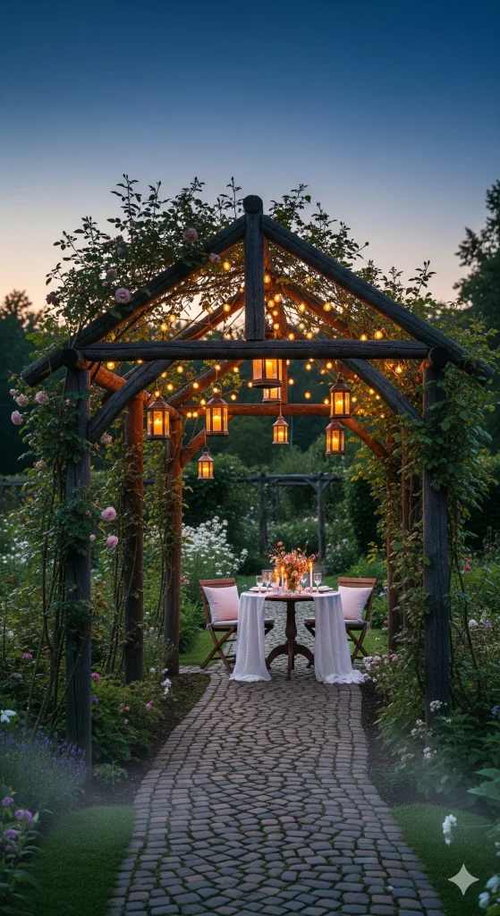Garden Arbors
A romantic outdoor dining setup under a wooden pergola adorned with lanterns, string lights, and climbing roses, set in a lush garden at dusk.
