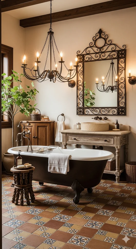 A rustic bathroom featuring a freestanding tub, a wooden vanity with a stone basin, a large wrought-iron mirror, and a matching chandelier.
