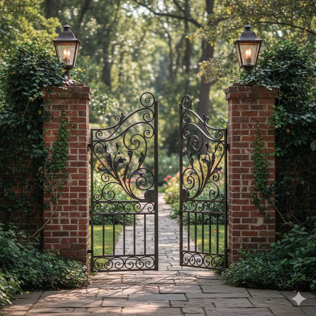 Ornate wrought iron garden gate set in brick pillars with lanterns, leading to a path through lush greenery.