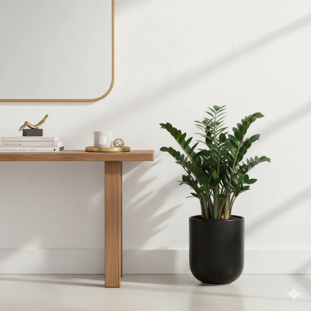 glossy ZZ plant in a sleek black planter on a modern console table