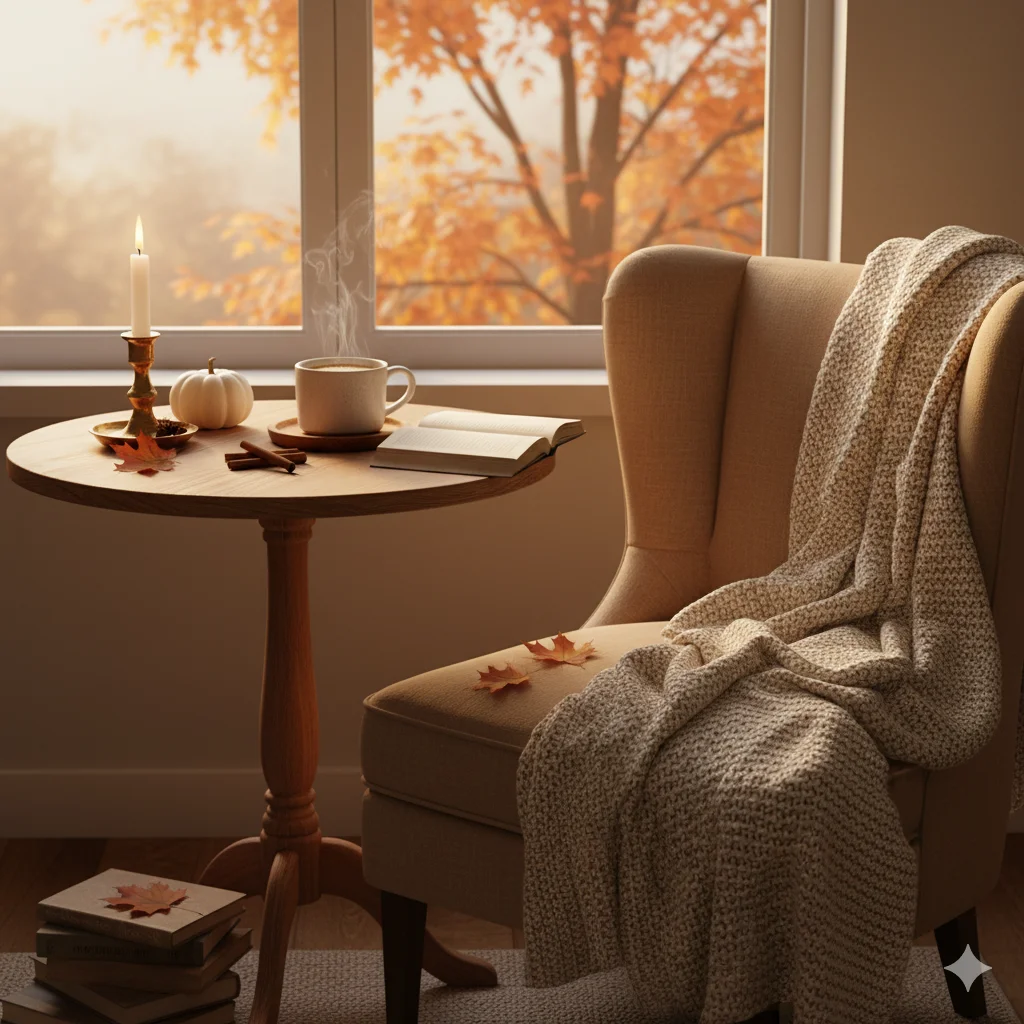 Fall reading nook featuring a cozy coffee corner with books, a warm drink, candles, and autumn-inspired decorations.