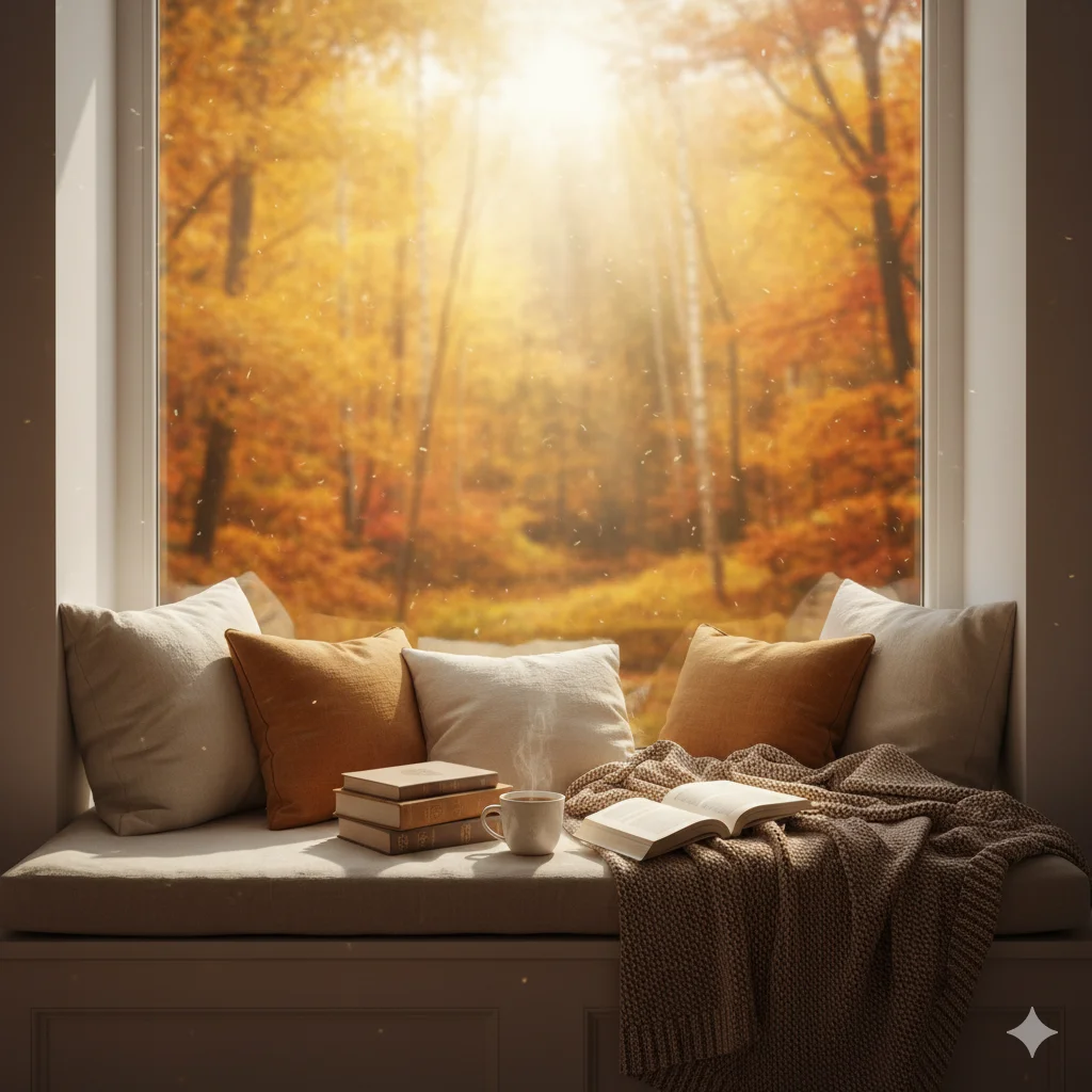 cozy fall window seat reading nook