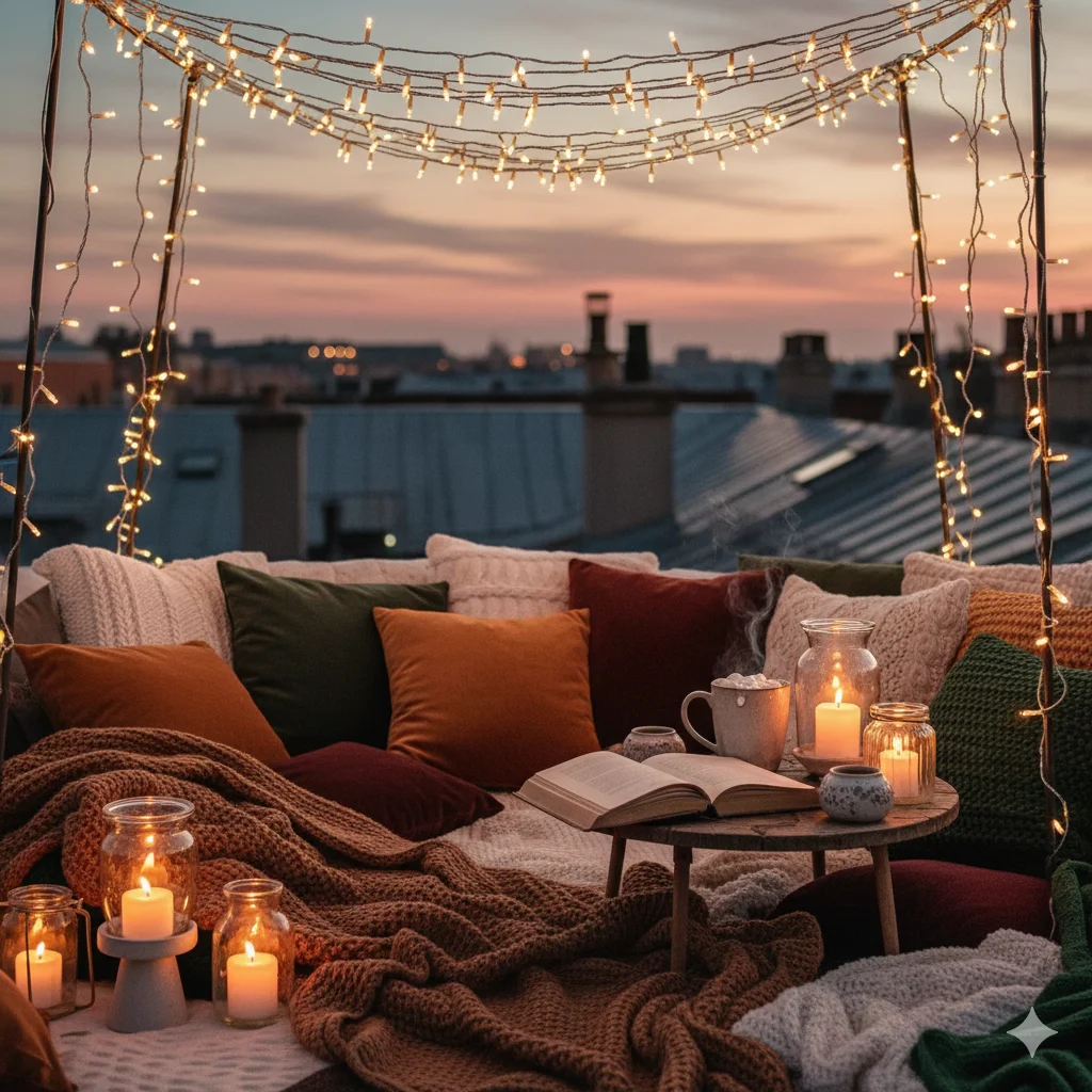 A cozy rooftop setting at dusk with pillows, blankets, lit candles, and string lights.