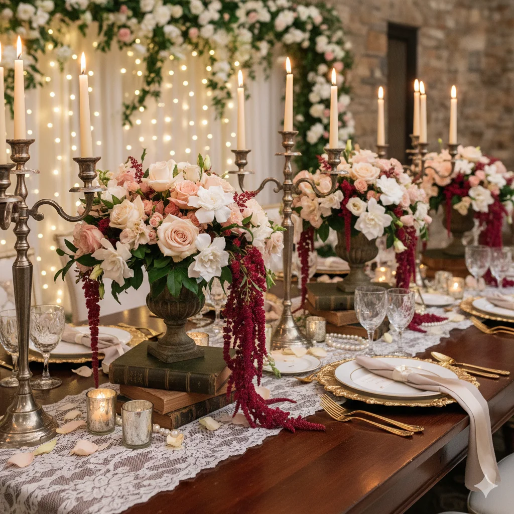 Floral Centerpieces for Dark Academia Weddings
A beautifully decorated wooden table with academia wedding floral centerpieces, candelabras, and place settings. The floral arrangements feature light pink and white roses with trailing dark red flowers. The wedding table is covered with a lace runner and lit by candles.