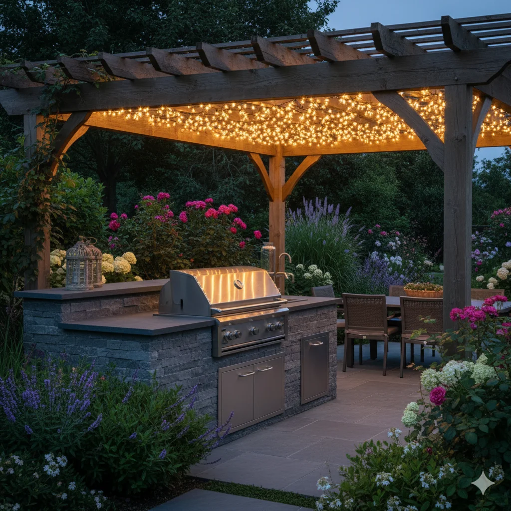 Outdoor Living Trends
A cozy outdoor patio  Kitchen with a wooden pergola, string lights, a built-in stone grill and counter, and a dining area surrounded by lush flowers and greenery.