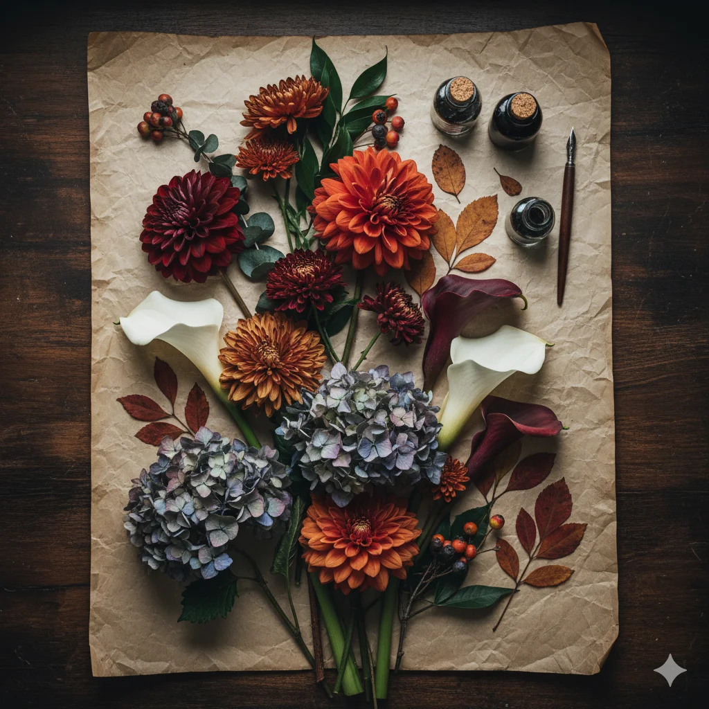 Floral Centerpieces for Dark Academia Weddings, Seasonal Blooms That Fit the Dark Academia Weddings Aesthetic for winter and autumn