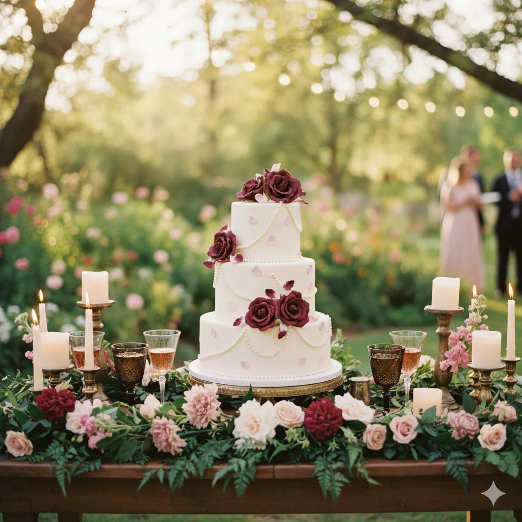 Dark Academia wedding cake.
A three-tiered white wedding cake with dark red roses and pearl details, set on a table decorated with a floral garland and candles in an outdoor garden setting.