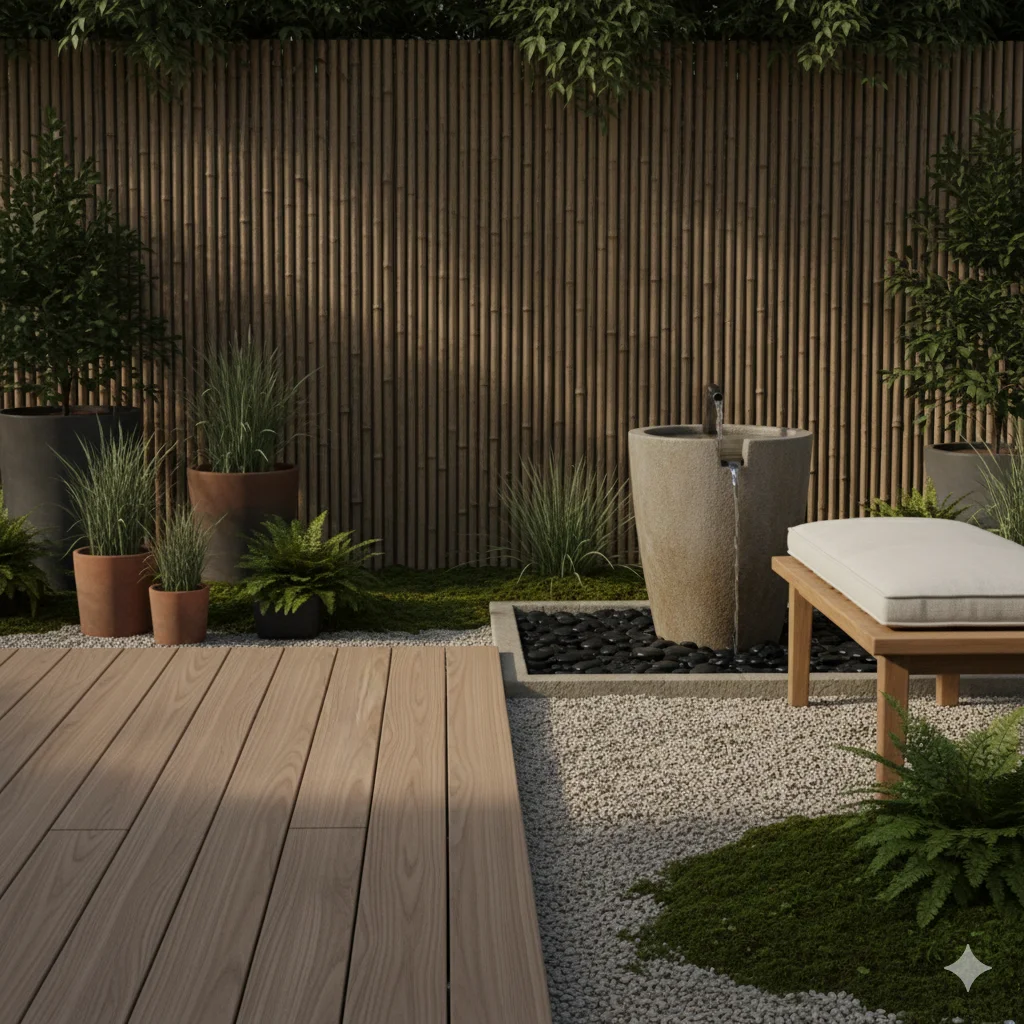 Japandi Garden Oasis
A modern outdoor patio with a wooden deck, gravel area, a stone water feature, and a lounge chair, surrounded by various plants and a bamboo fence.