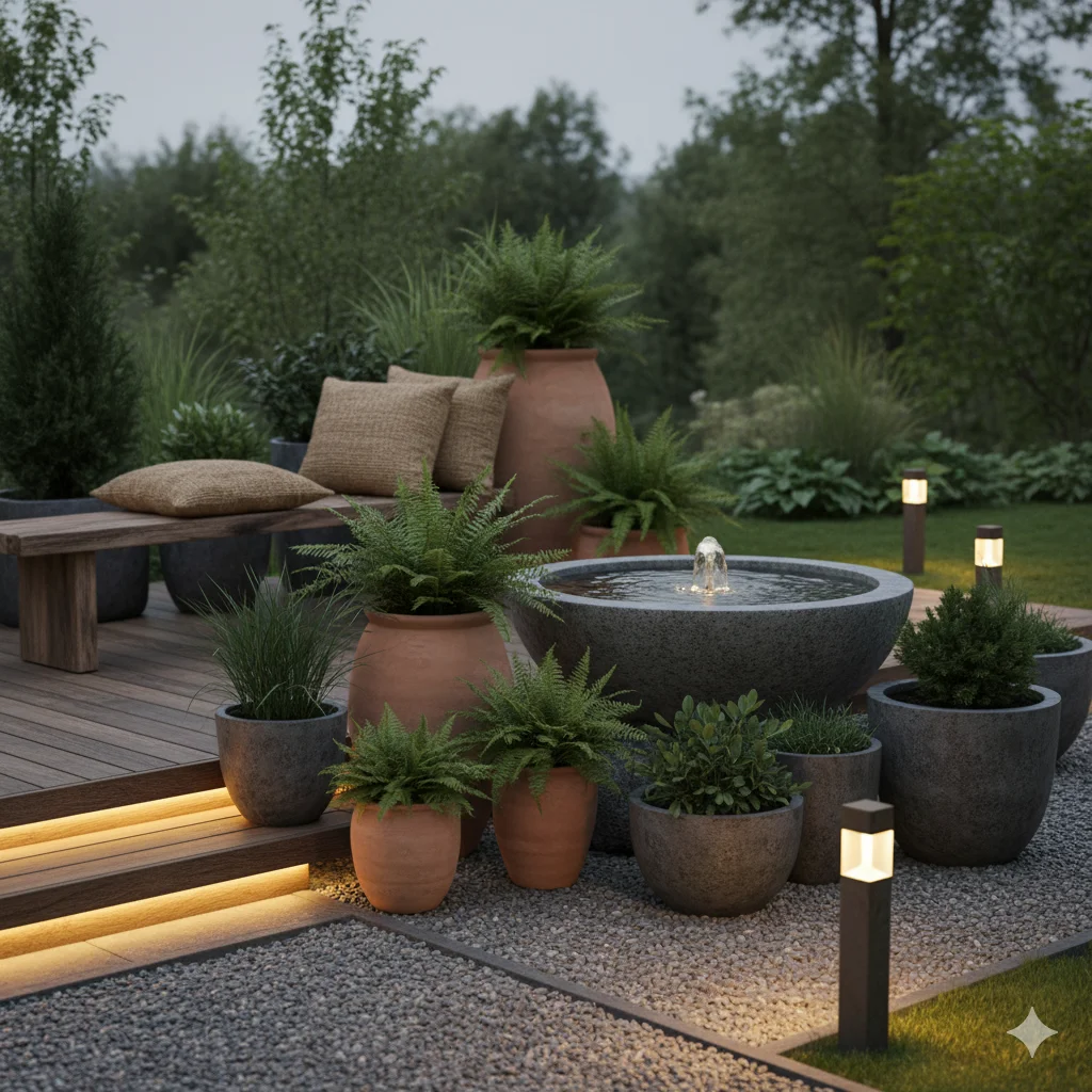 eco-conscious décor of Japandi Garden patio with a variety of potted plants, a water fountain, and a wooden bench.