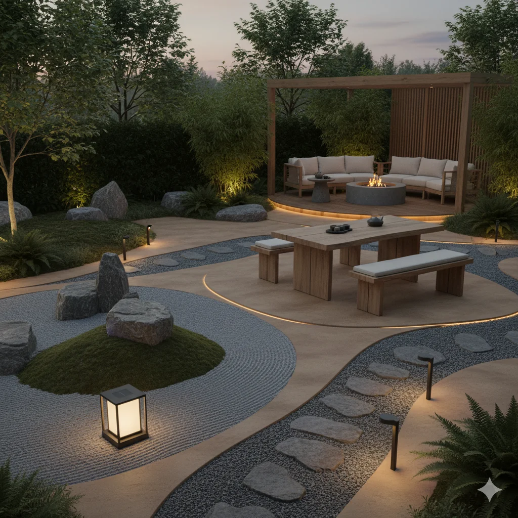 Designing a Japandi Garden Oasis where Minimal Scandinavian Calm Meets Zen Serenity
A modern garden with a circular Zen rock garden, a dining area, and a sunken lounge with a fire pit, all illuminated by landscape lighting at dusk.