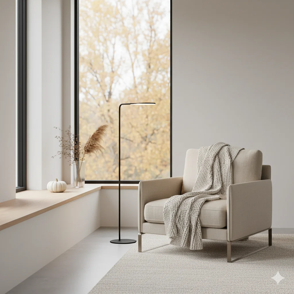 A cozy, minimalist living room reading nook