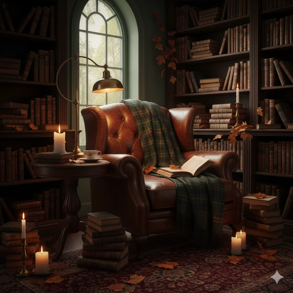 vintage dark-academia fall reading nook