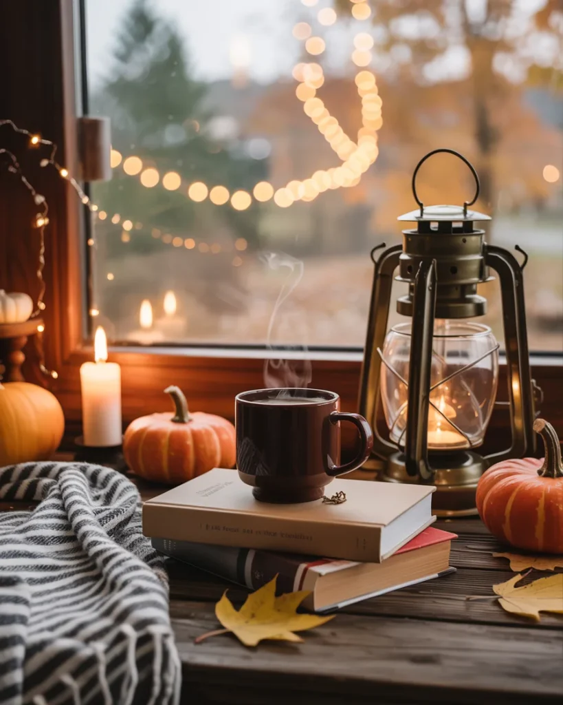 A cozy fall window nook with a steaming mug on stacked books, a lit lantern and candle, small pumpkins, a striped blanket and string lights.