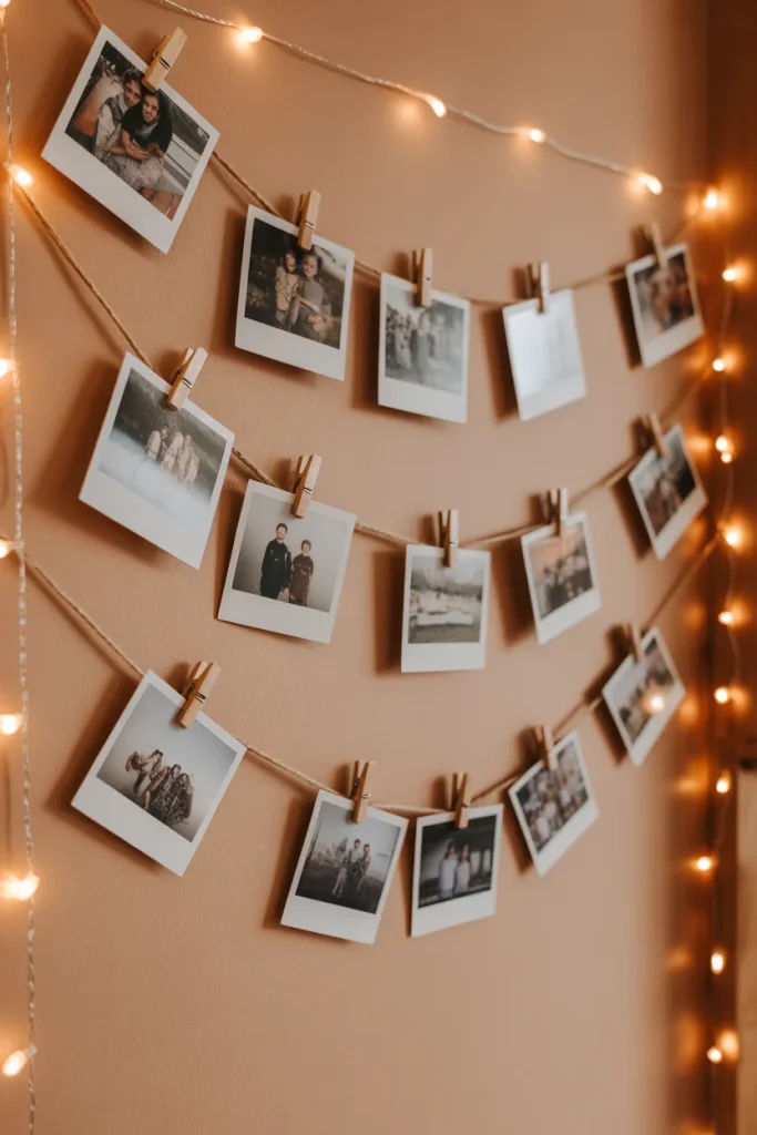 Hang string lights and clip on printed Polaroids