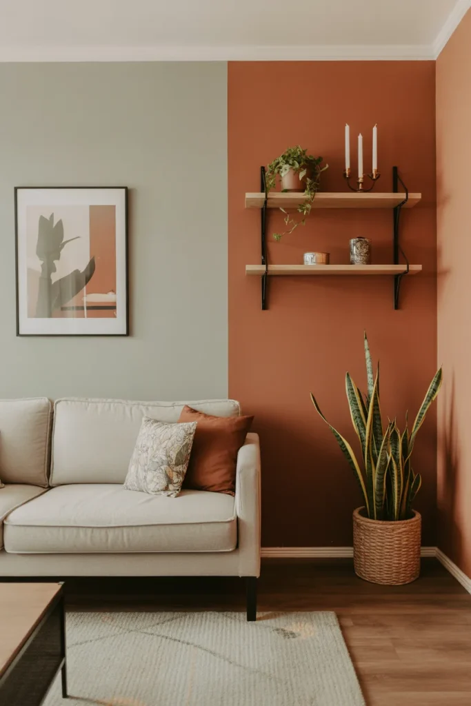 Create Accent Walls with Paint or Wallpaper
A living room with a couch, a framed picture, and a set of shelves on a two-toned wall.