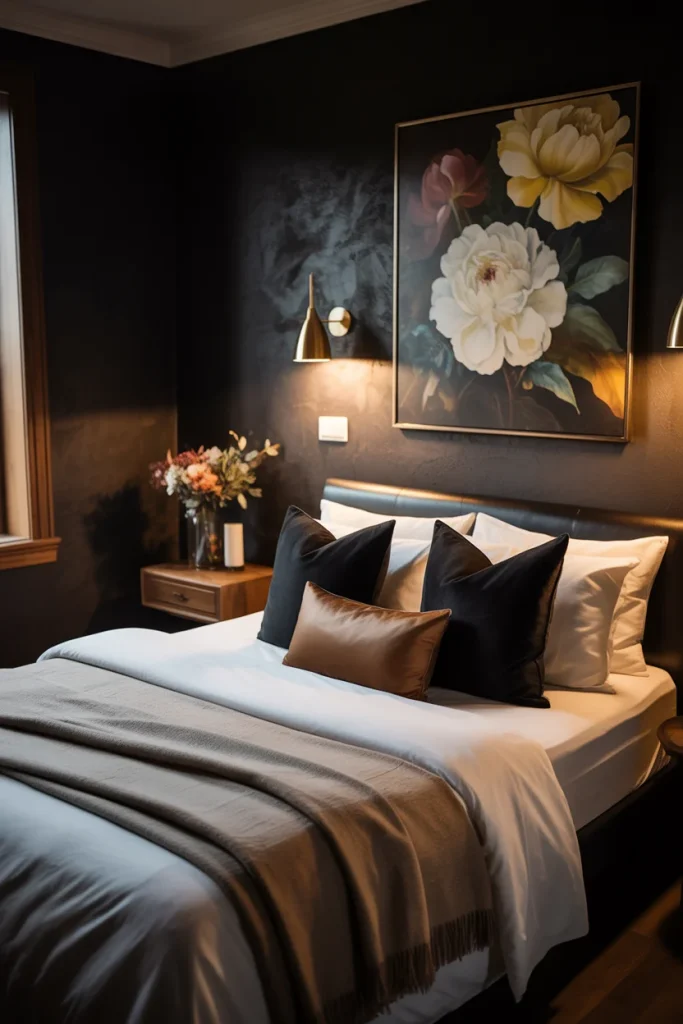 A moody bedroom with dark walls, a bed with black and white pillows, and a large painting of flowers above the headboard.