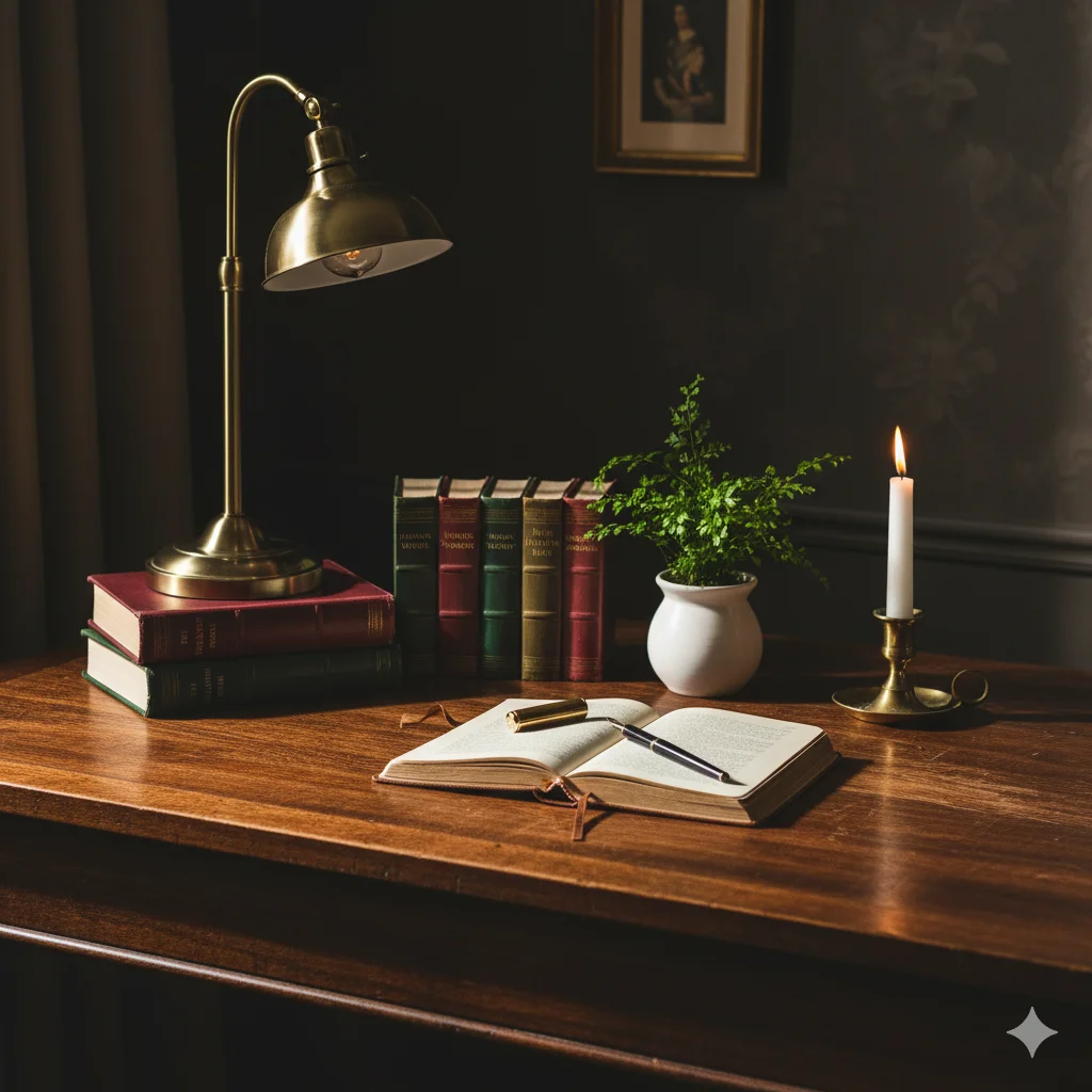 A dimly lit wooden desk with an open notebook, a pen, a stack of books, a brass lamp, a potted plant, and a lit candle.