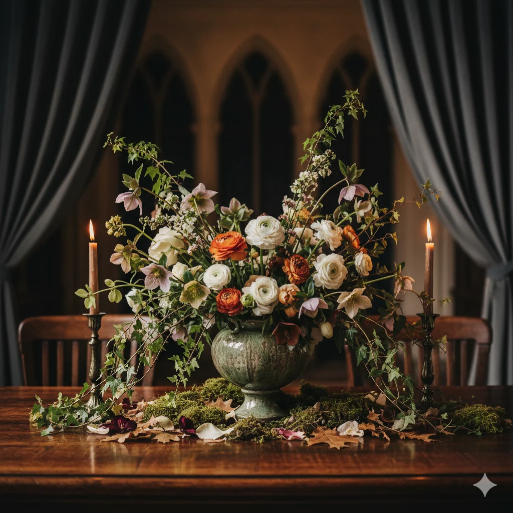 Floral Centerpieces for Dark Academia Weddings
A moody, elegant wedding floral centerpiece with white, orange, and pink flowers and trailing ivy on a dark wooden table, flanked by two lit candles.