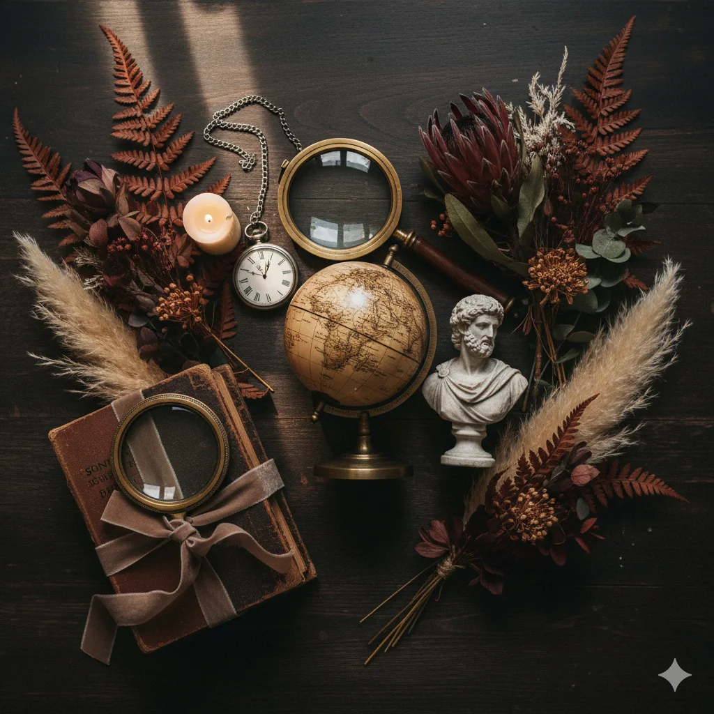 Curiosities & Heirloom Details of Dark Academia Wedding Reception 
The items include:
A vintage globe
An old book tied with a velvet ribbon
A bust of a classical figure
A pocket watch
Dried floral arrangements and ferns
Magnifying glasses and a lit candle