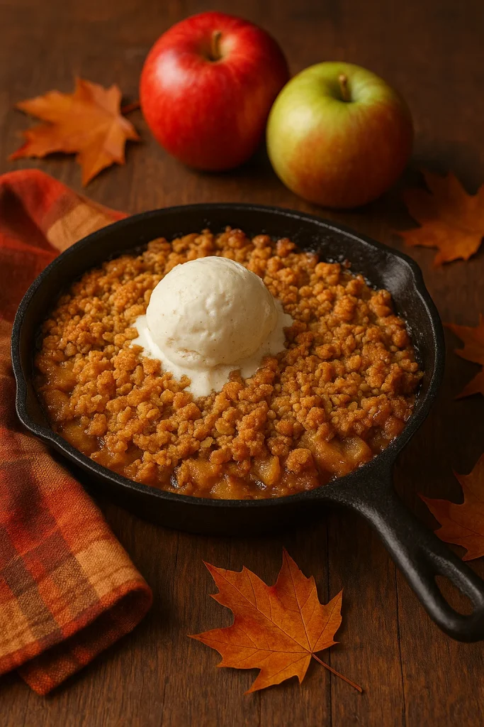 Fall dessert Recipe of Apple Crisp with Oat Topping with vanilla ice cream.