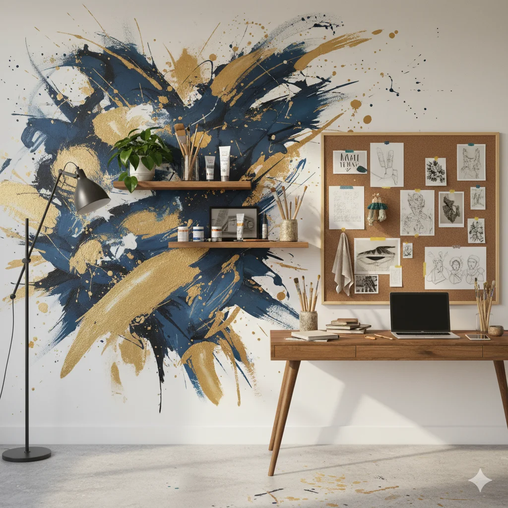 Artistic hand-painted accent wall in a creative studio space