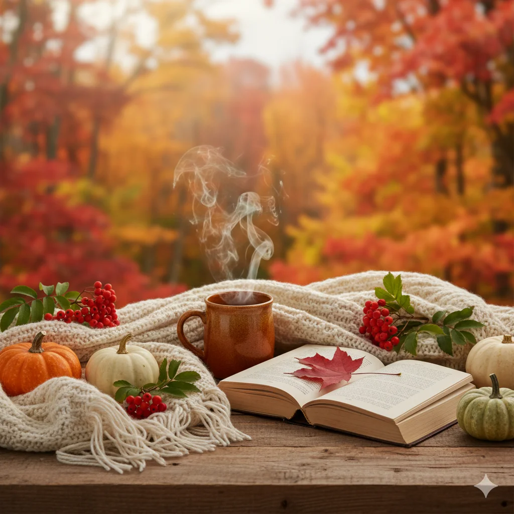 Cozy Fall Colors That Capture the Season
A cozy autumn scene with a steaming mug, an open book, pumpkins, and a knitted blanket on a wooden table with a backdrop of colorful fall trees.