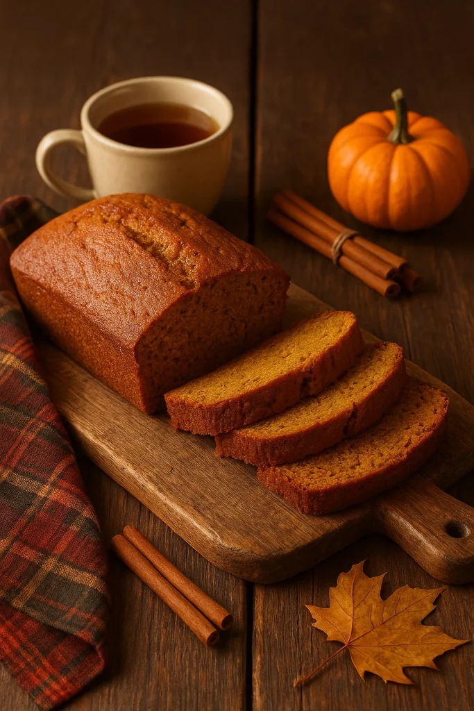 Fall Dessert Recipes
A loaf of pumpkin bread, partially sliced, with a cup of tea, a small pumpkin, and cinnamon sticks in the background. 