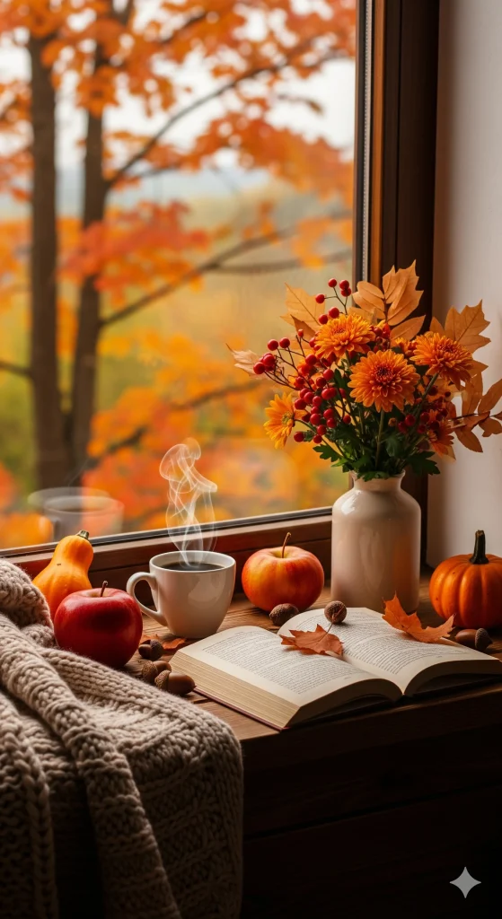Fall Aesthetic Table Décor
A cozy autumn still life on a windowsill with a steaming cup of coffee, an open book, and a vase of orange flowers, with fall foliage visible outside the window.