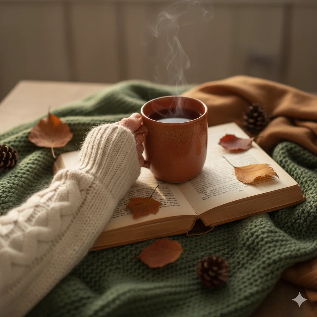 Textures That Define the Fall Mood
A person in a cozy sweater holds a steaming mug over an open book, with autumn leaves and pinecones scattered on a green blanket.