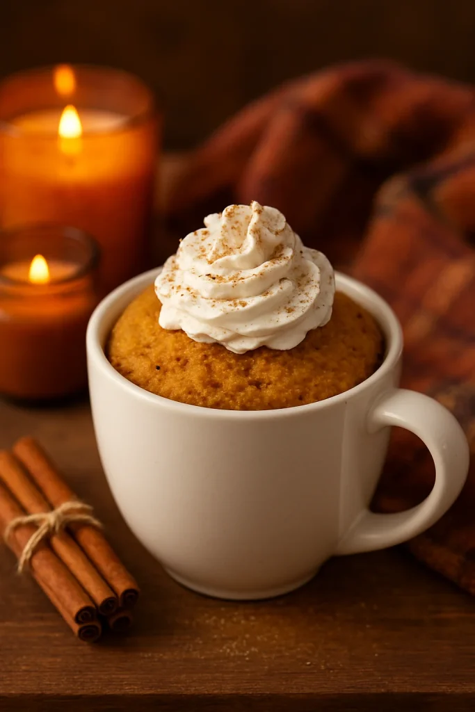 Fall Desert Recipe of Pumpkin Mug Cake topped with whipped cream and a sprinkle of spices