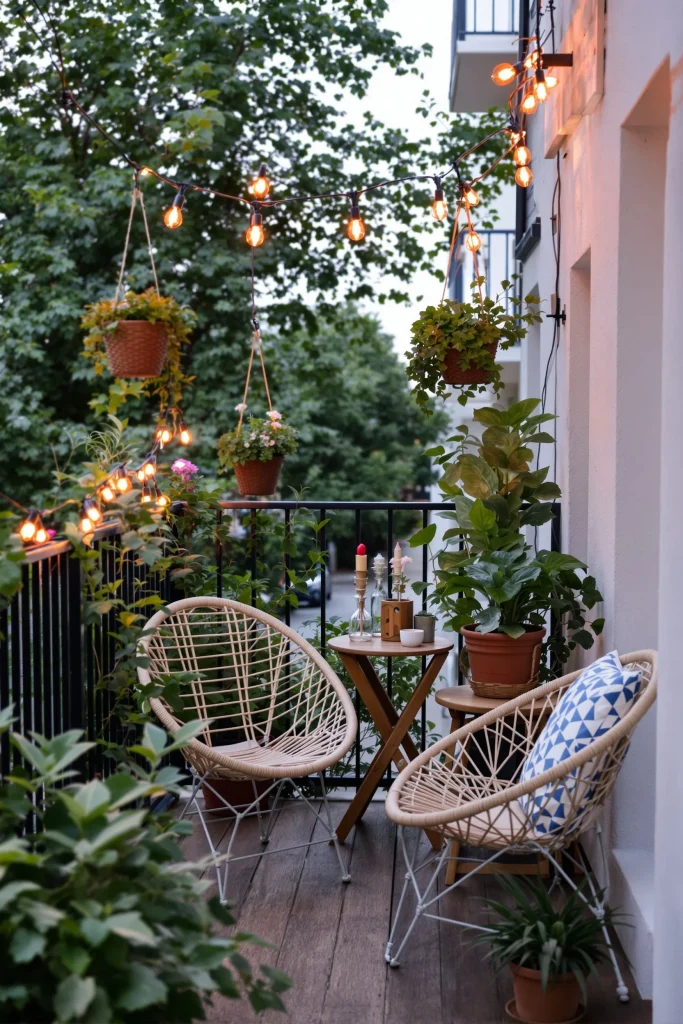 A cozy, tropical and bohemian-style balcony with two chairs, a small table, many potted plants, and string lights hanging above.