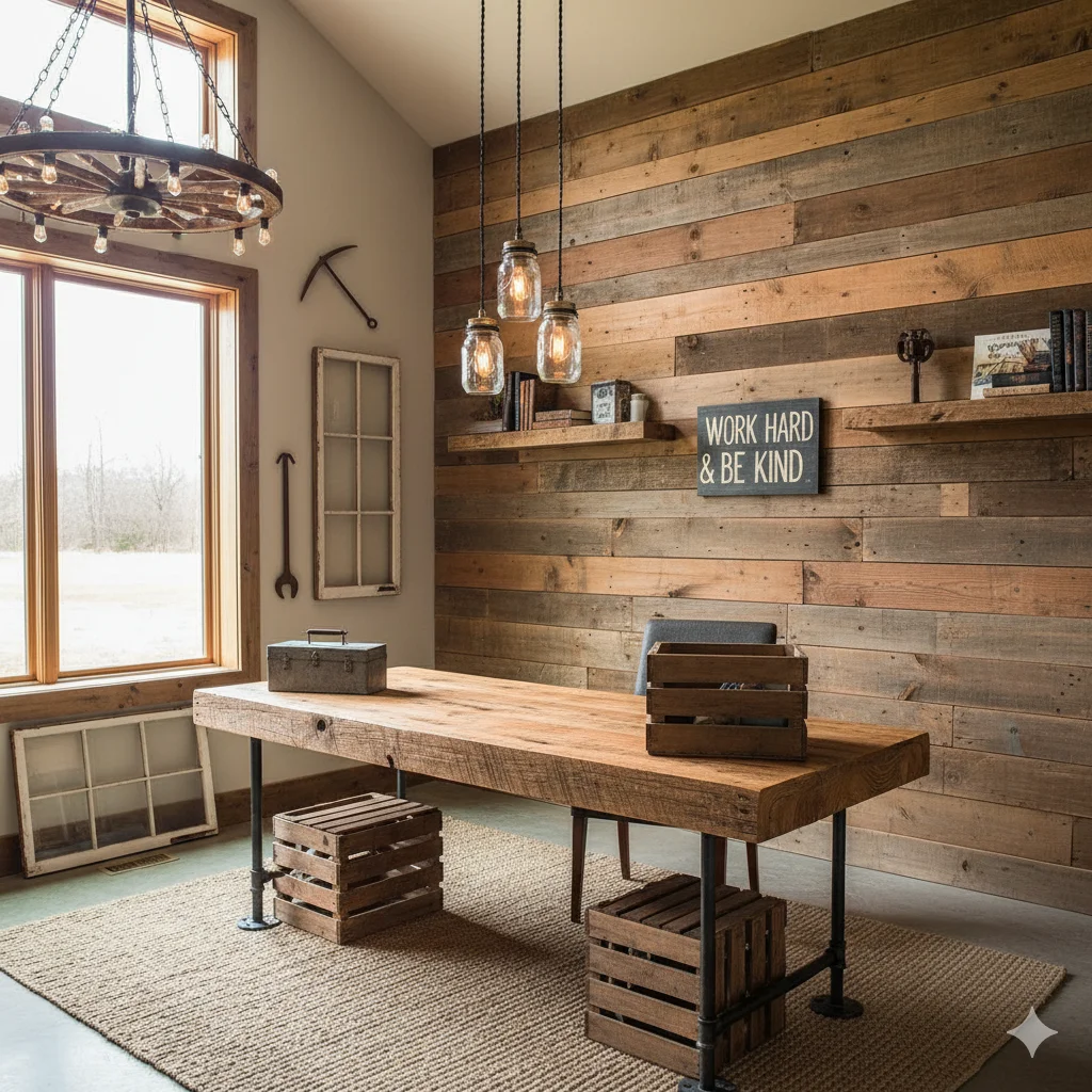 farmhouse-style desk in Rustic Barndominium Office